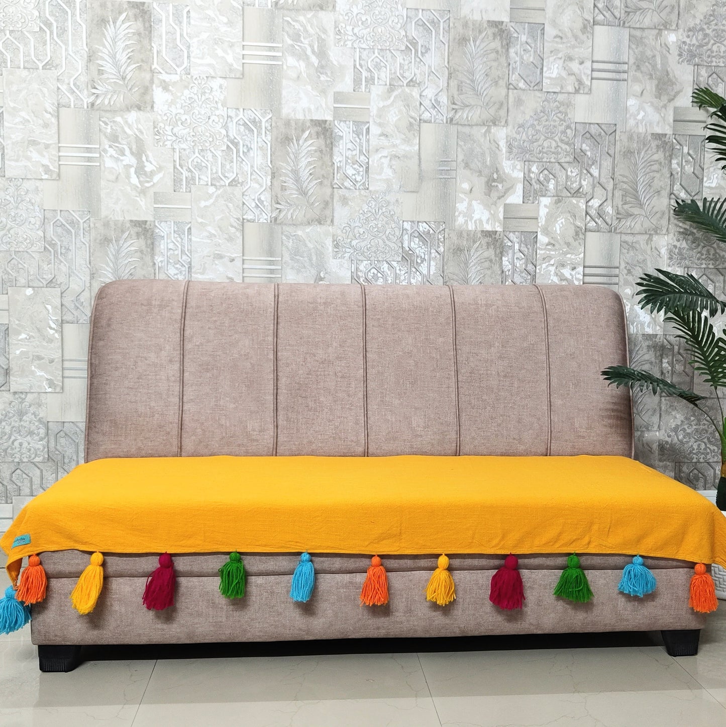 Marigold Cotton Slub Sofa Cover with Multi Tassels