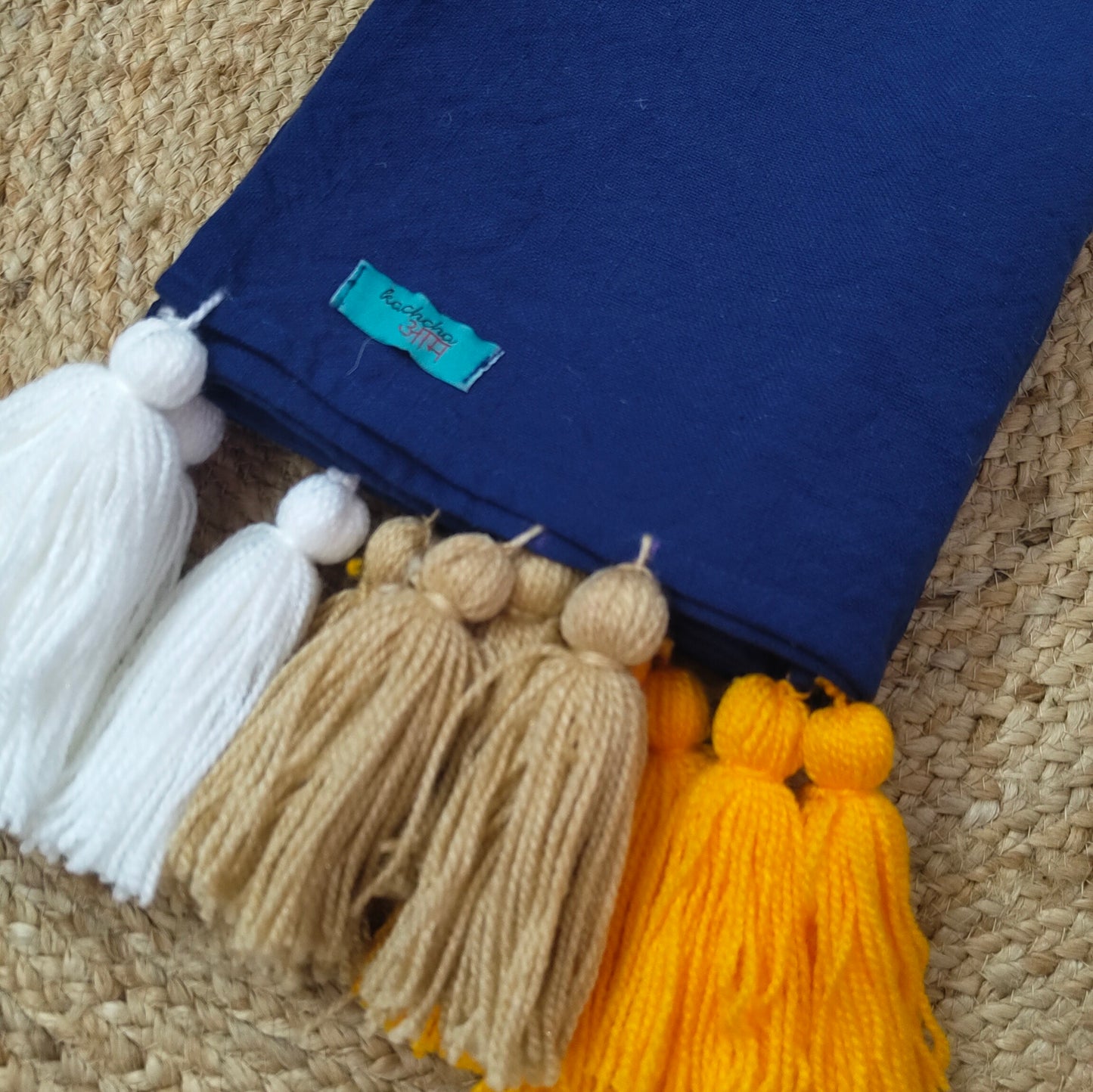 Navy Cotton Slub Sofa Cover with Yellow Beige White Tassels