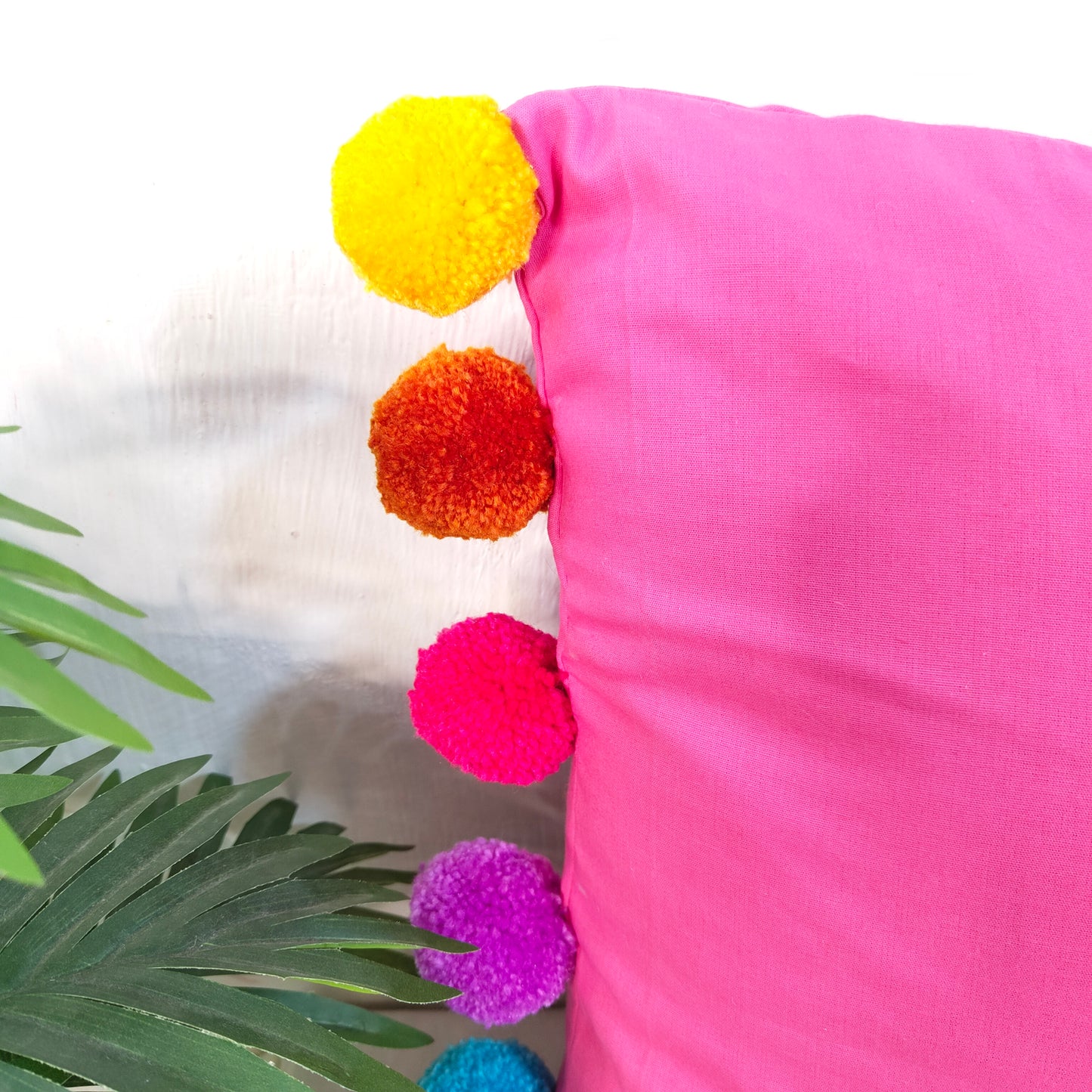 Rainbow Pompom Pink Cotton Cushion Cover with Lining