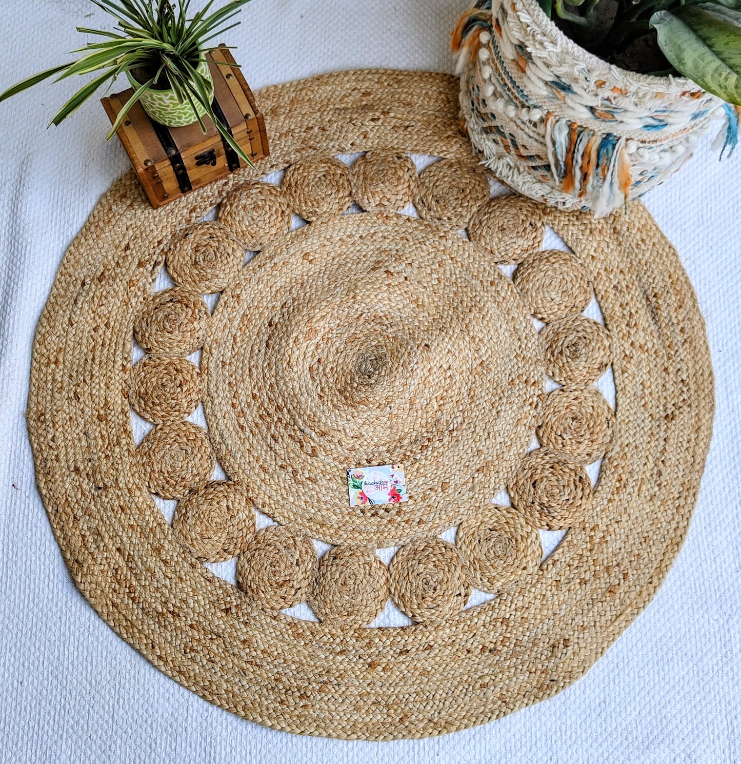 Natural Jute With Circles Round Mat Rug