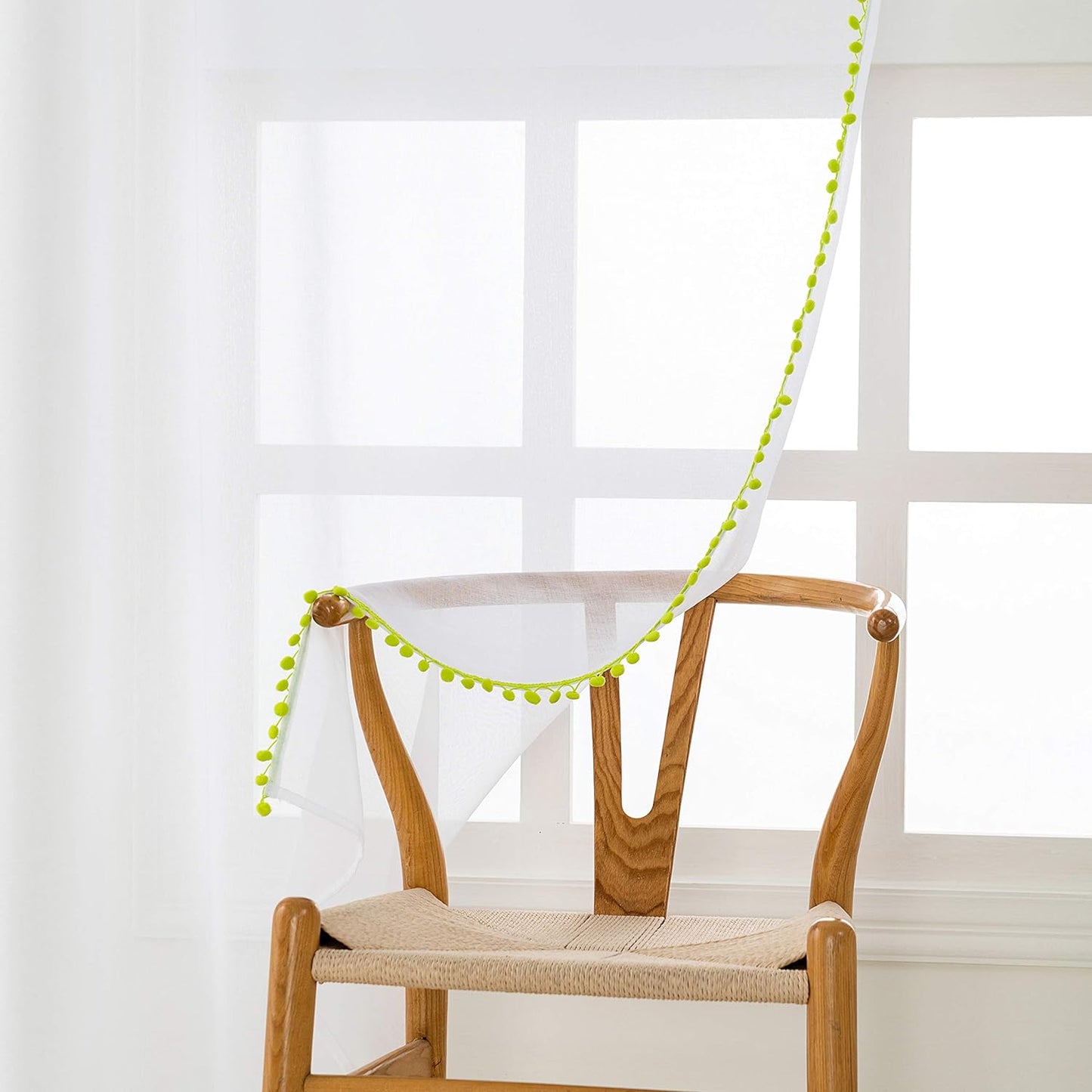 Lime Color Pompom Lace White Sheer Curtain