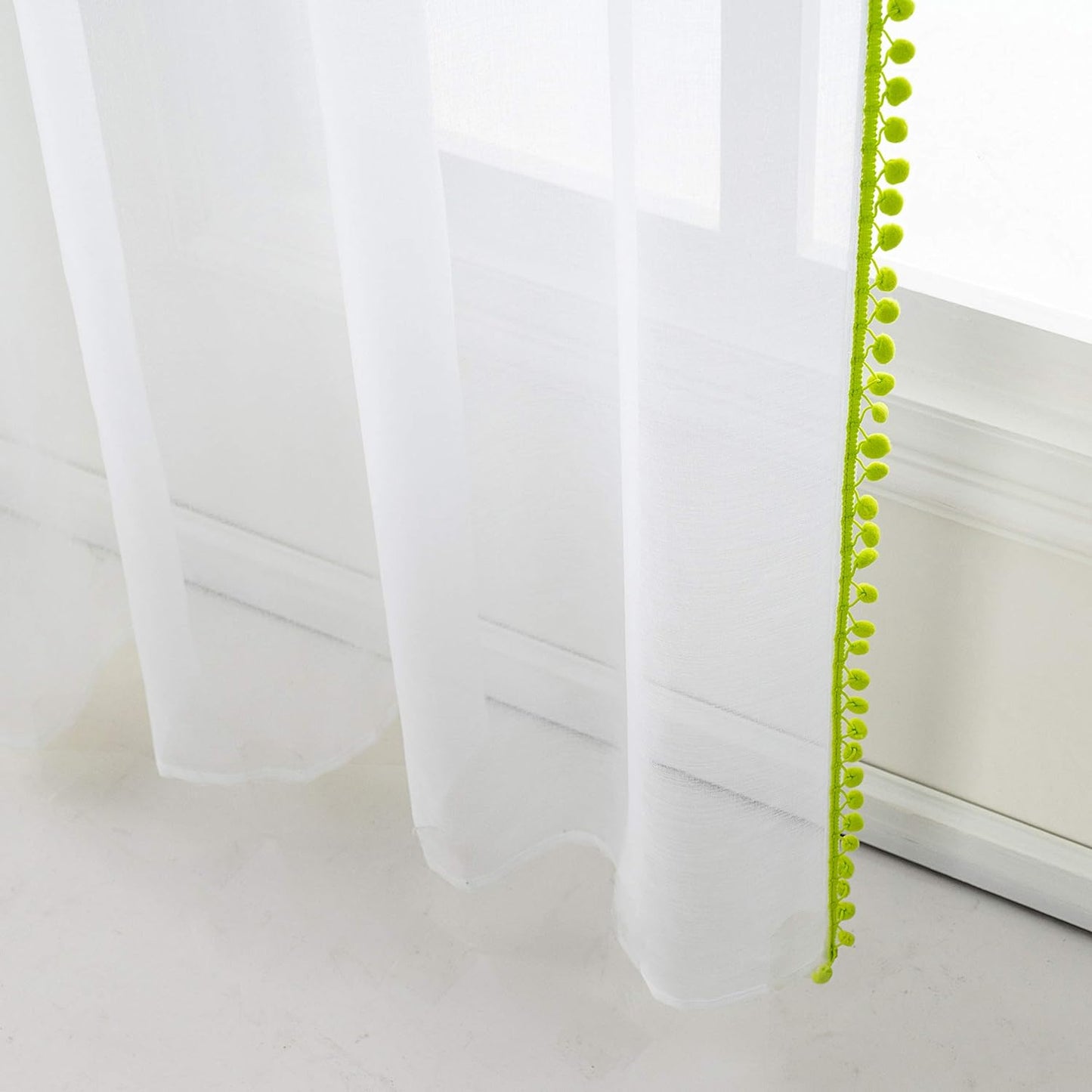 Lime Color Pompom Lace White Sheer Curtain