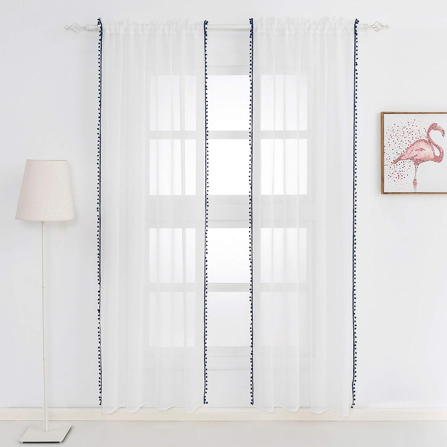 Navy Color Pompom Lace White Sheer Curtain