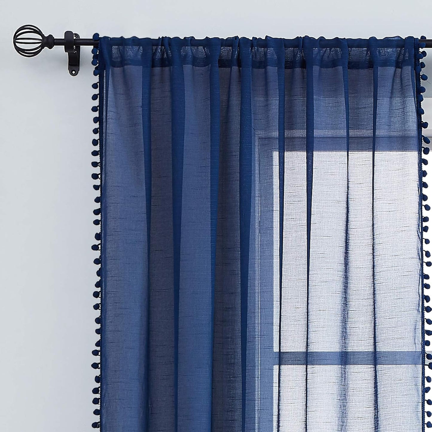 Navy Pompom Lace Georgette Sheer Curtain