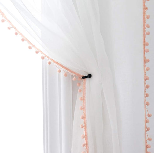 Peach Color Pompom Lace White Organza Sheer Curtain