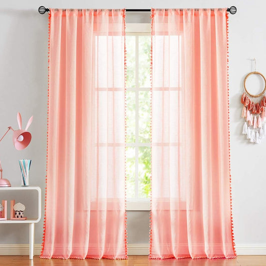 Peach Pompom Lace Georgette Sheer Curtain