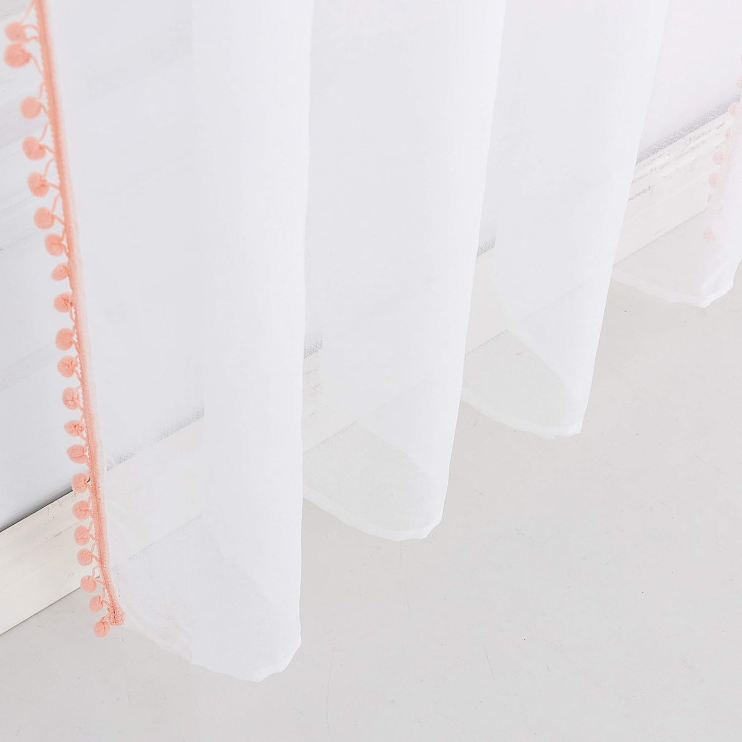 Peach Color Pompom Lace White Sheer Curtain