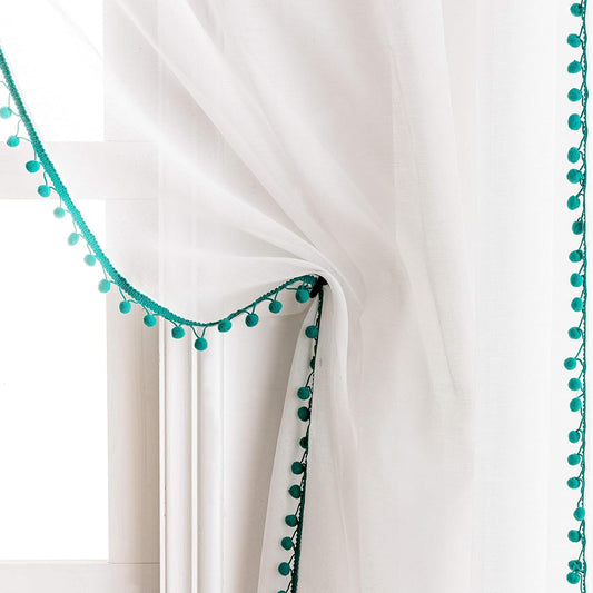 Teal Color Pompom Lace White Organza Sheer Curtain