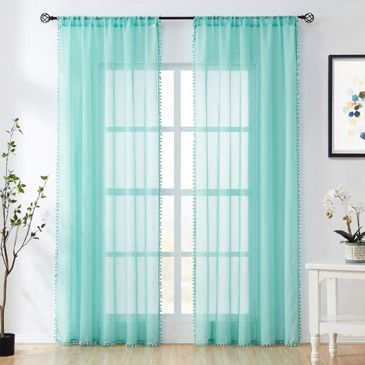 Teal Pompom Lace Georgette Sheer Curtain