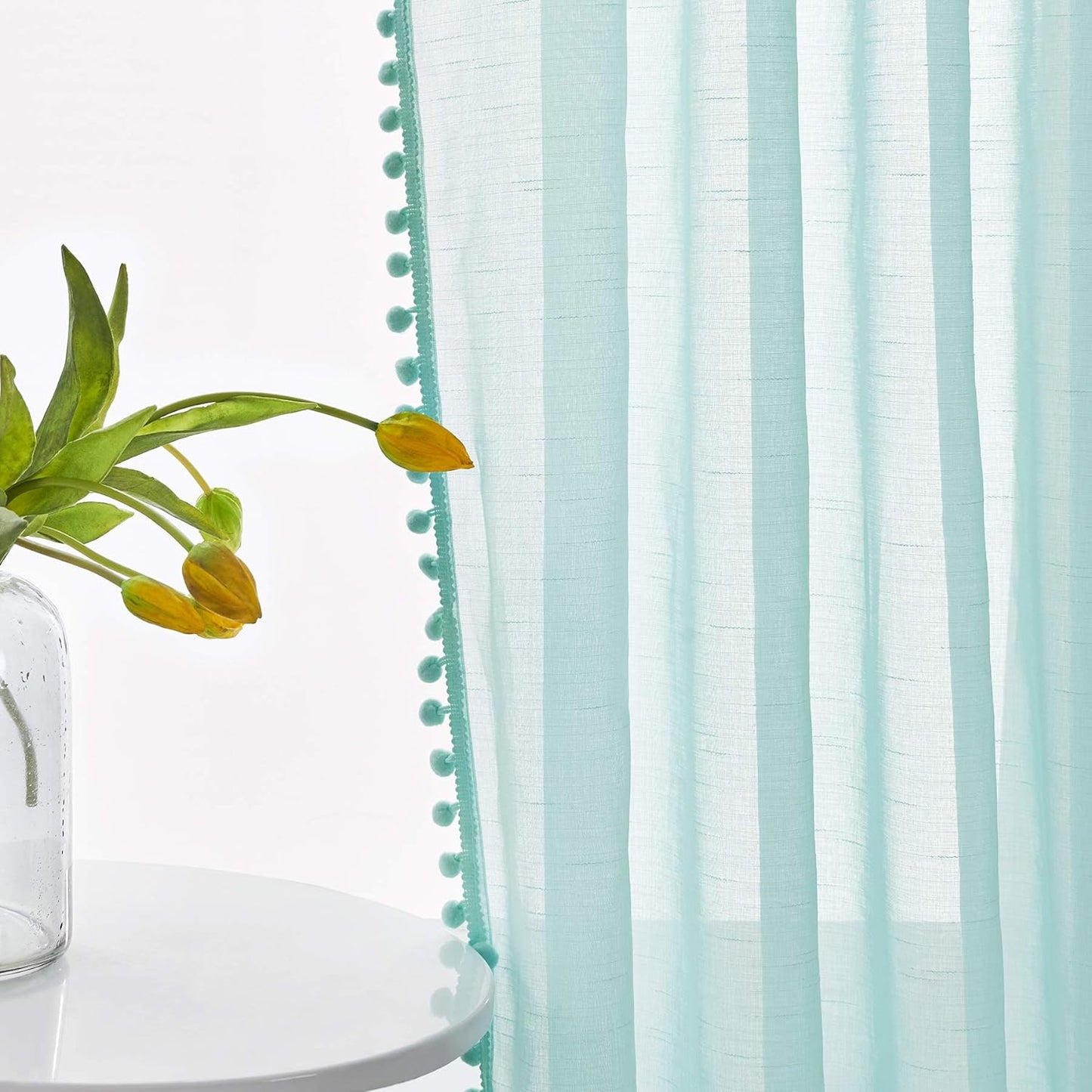 Teal Pompom Lace Georgette Sheer Curtain