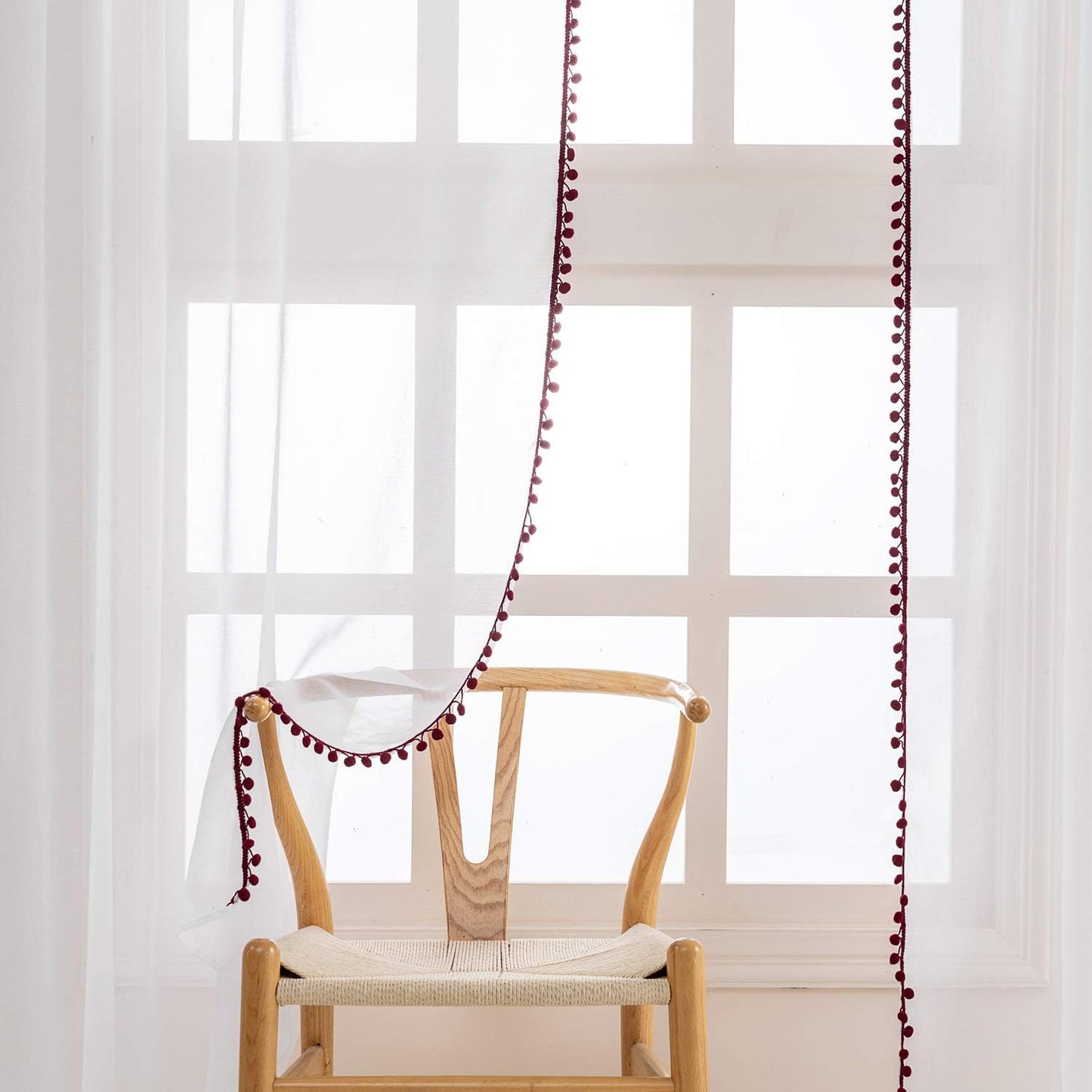 Wine Color Pompom Lace White Sheer Curtain