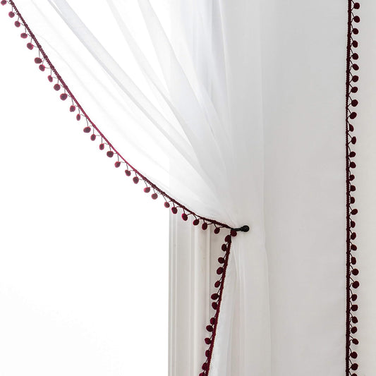Wine Color Pompom Lace White Organza Sheer Curtain