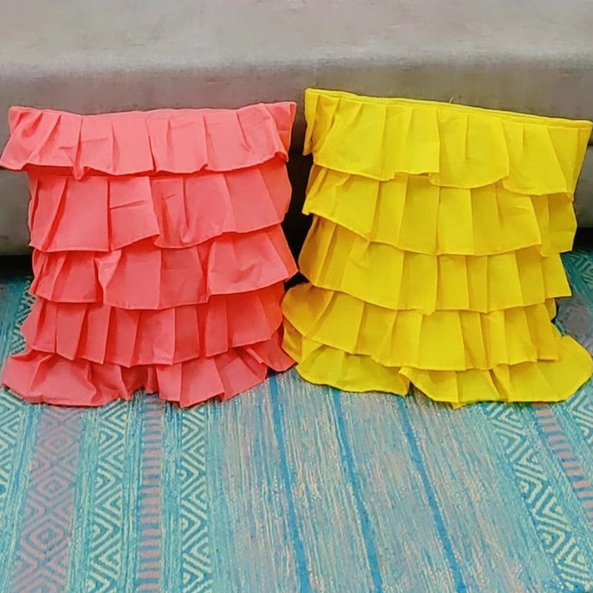 Cotton Ruffle Cushion Cover in Yellow - 16x16 Inches with Quality Lining