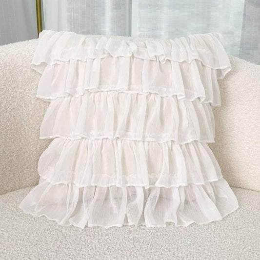 Georgette Ruffles Cotton Cushion Cover in White - 16x16 Inches with Quality Lining