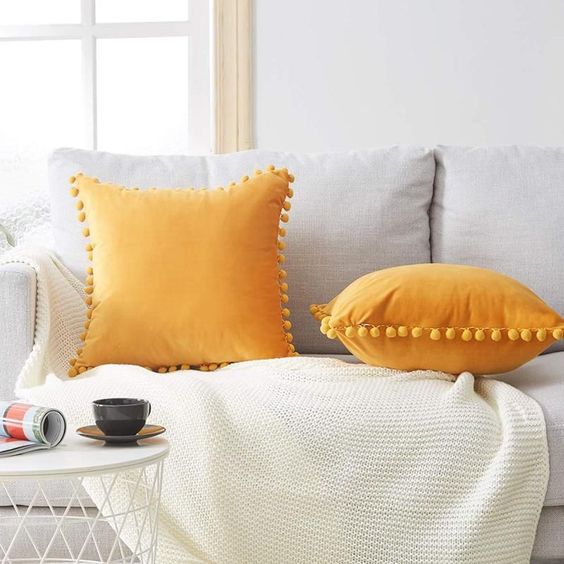 Yellow Pompom Lace Cotton Cushion Cover
