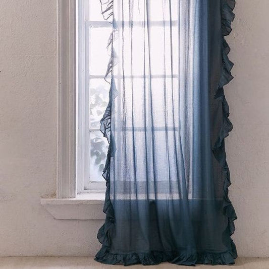 Navy Side Frill Curtains 100% Cotton Material