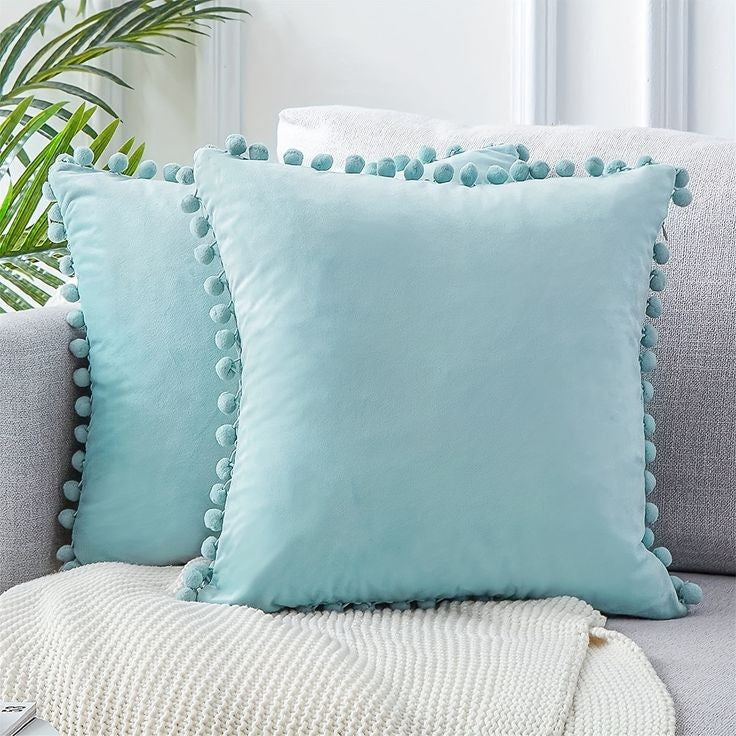 Sky Blue Pompom Lace Cotton Cushion Cover
