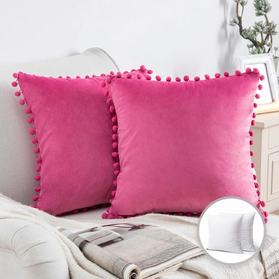 Pink Pompom Lace Cotton Cushion Cover