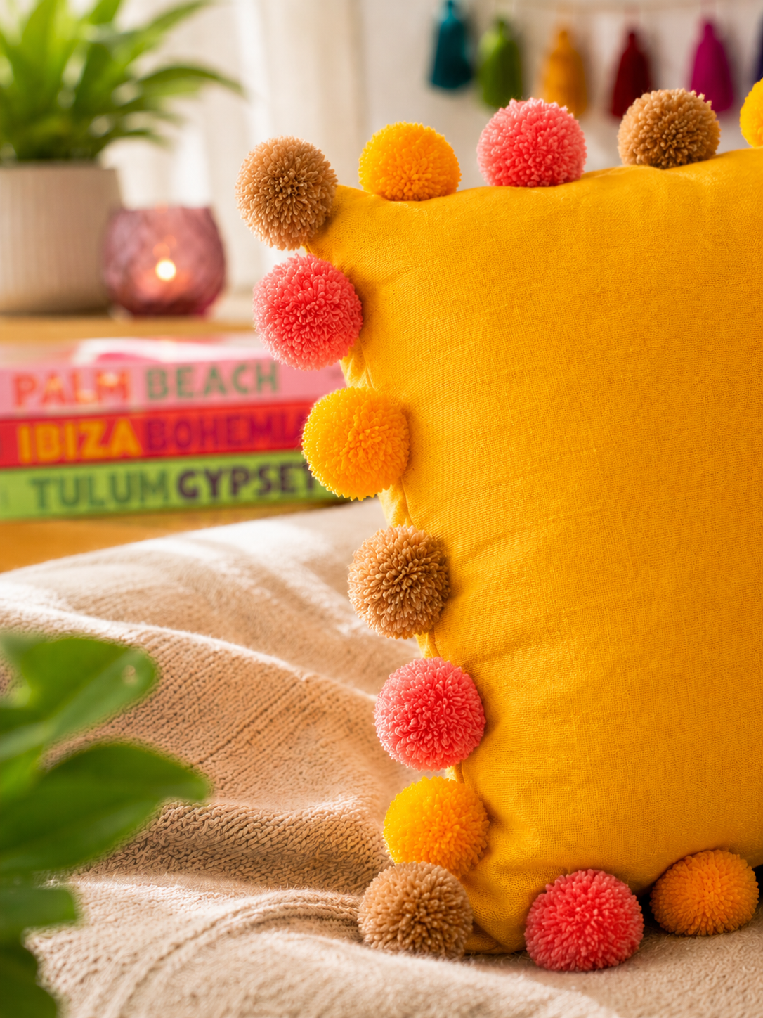 Sunset Bliss Pompom Yellow Cotton Cushion Cover with Lining