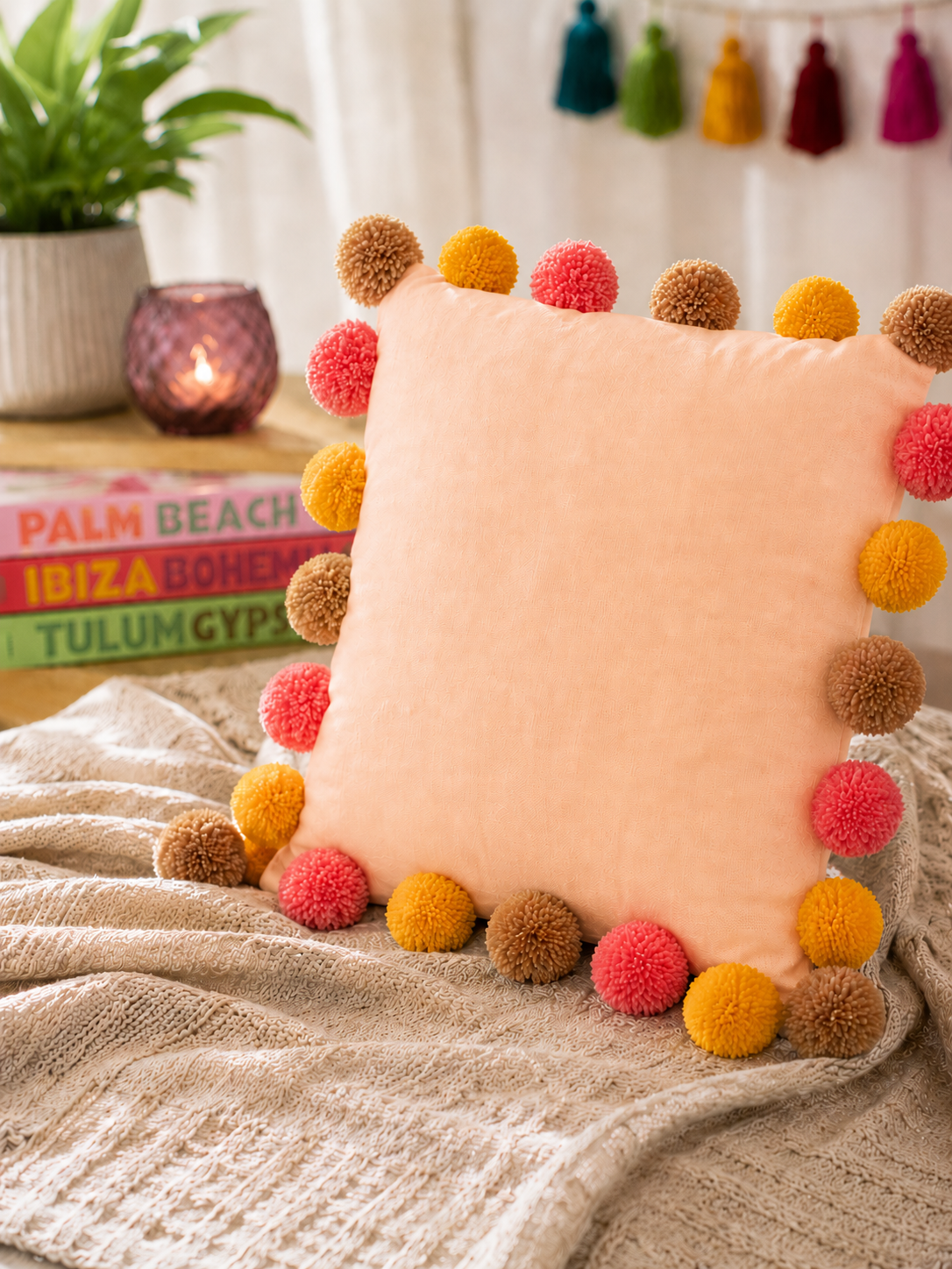 Sunset Bliss Pompom Peach Cotton Cushion Cover with Lining
