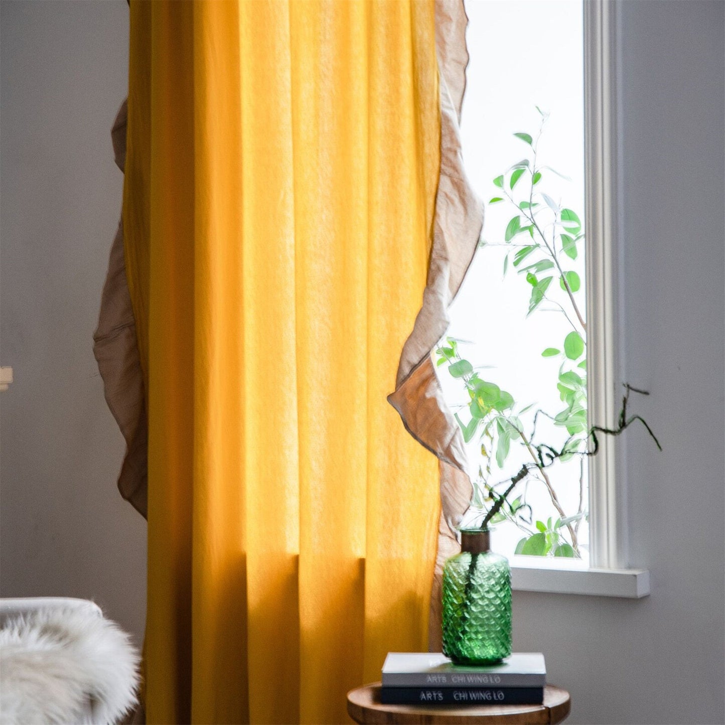 Dual Tone Yellow Beige Side Frill Curtains 100% Cotton Material