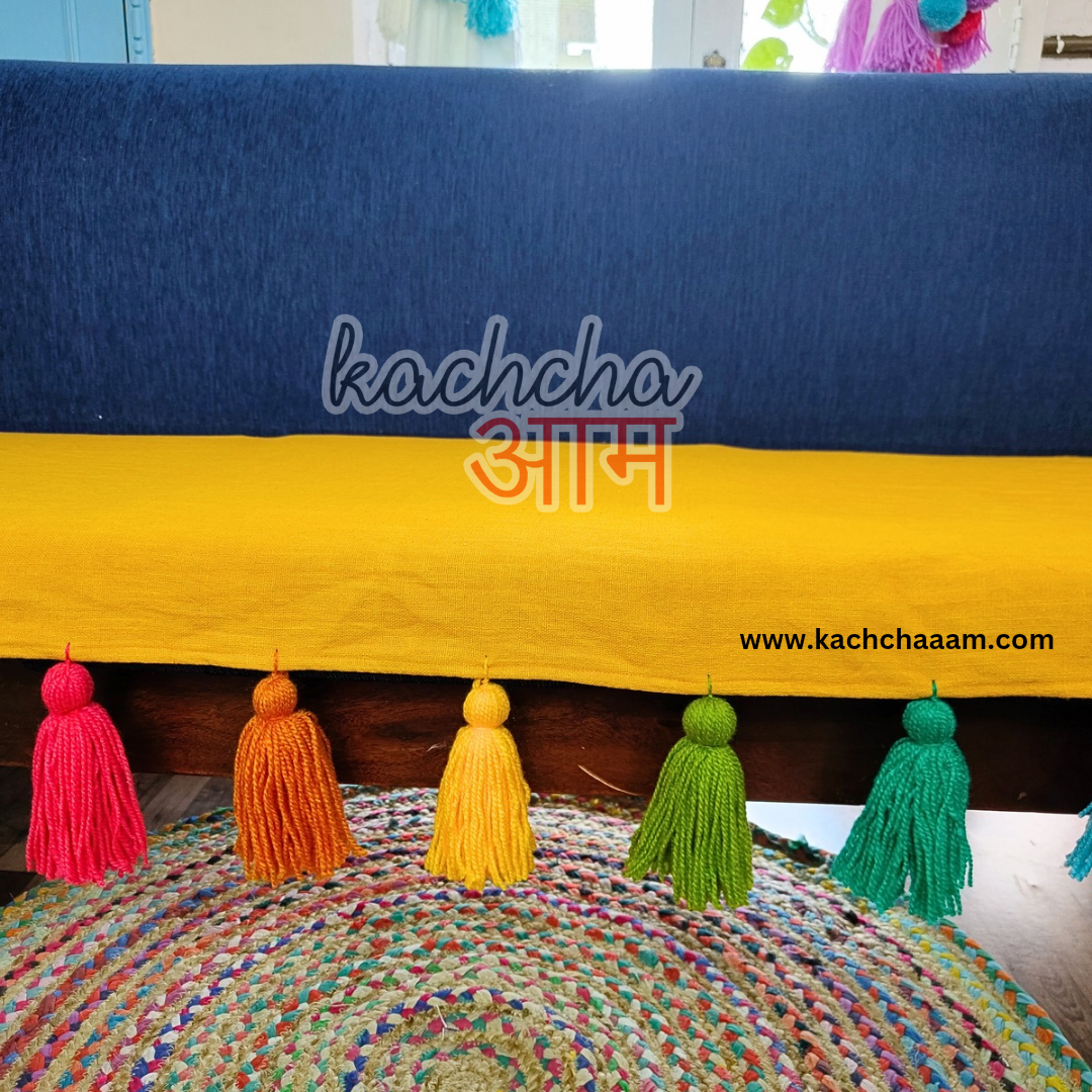 Marigold Cotton Slub Sofa Cover with Rainbow Tassels