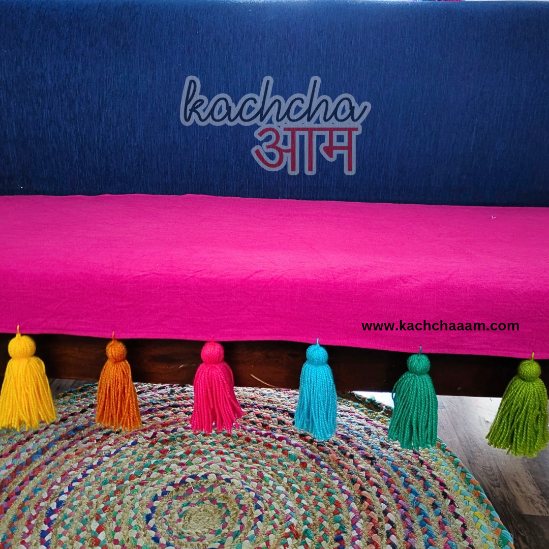 Magenta Cotton Slub Sofa Cover with Rainbow Tassels