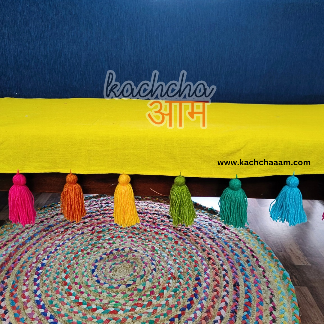 Yellow Cotton Slub Sofa Cover with Rainbow Tassels