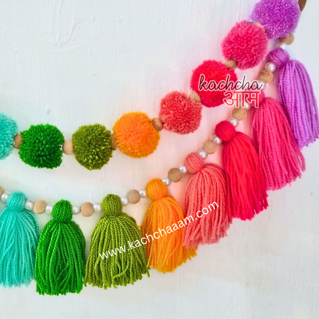 2 Layered Pompom and Tassel Wool Bunting Wall Decor