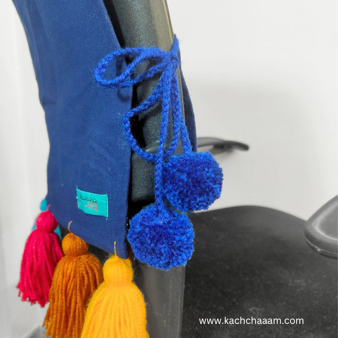 Navy Cotton Slub Chair Cover with Rainbow Tassels
