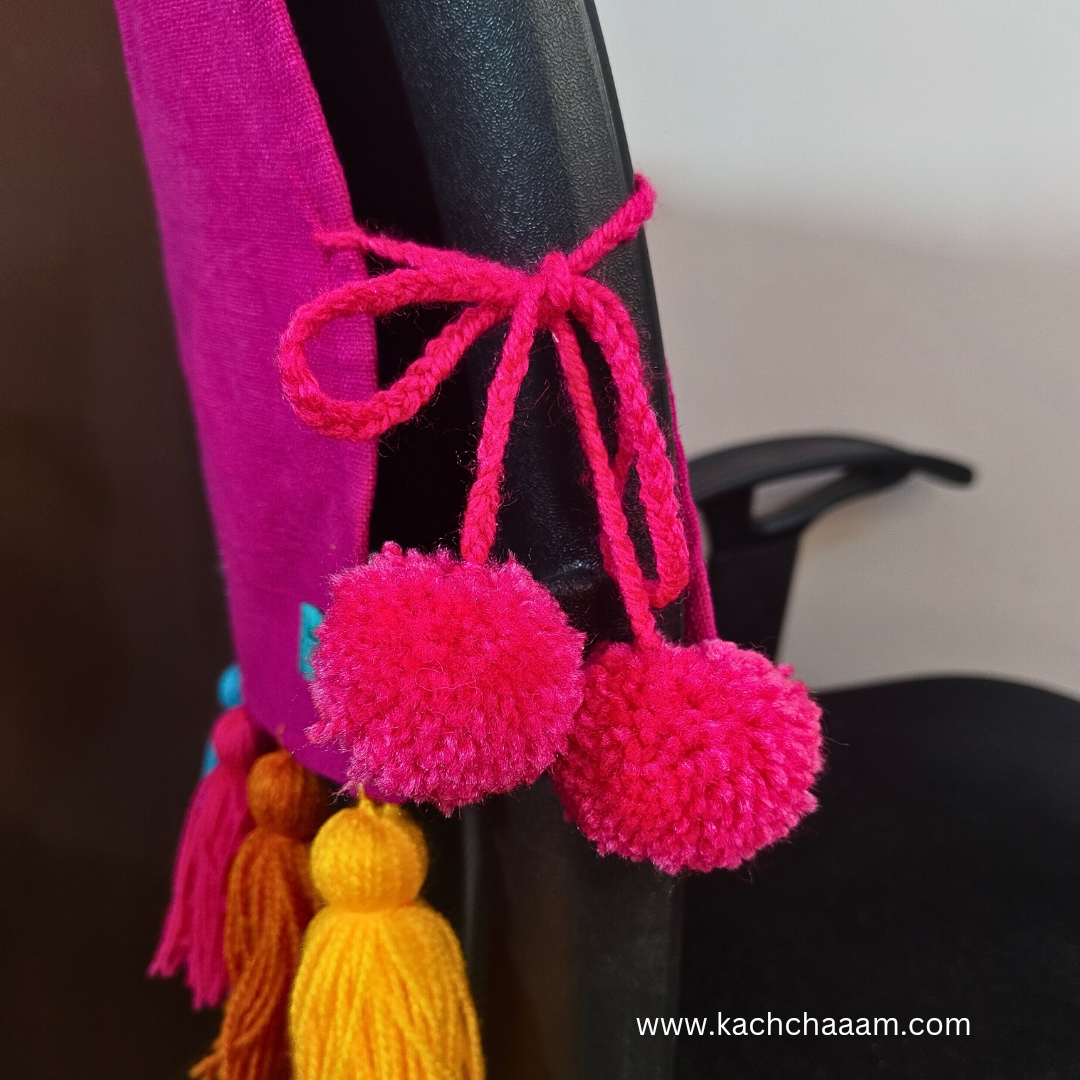 Pink Cotton Slub Chair Cover with Rainbow Tassels