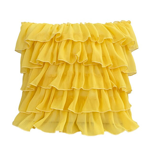 Georgette Ruffles Cotton Cushion Cover in Yellow - 16x16 Inches with Quality Lining