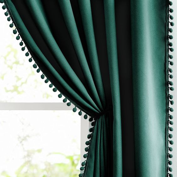 Dark Green Pompom Lace Colored Cotton Curtains