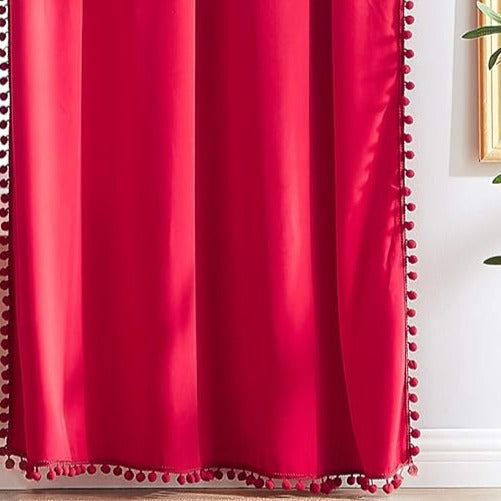 Red Pompom Lace Colored Cotton Curtains