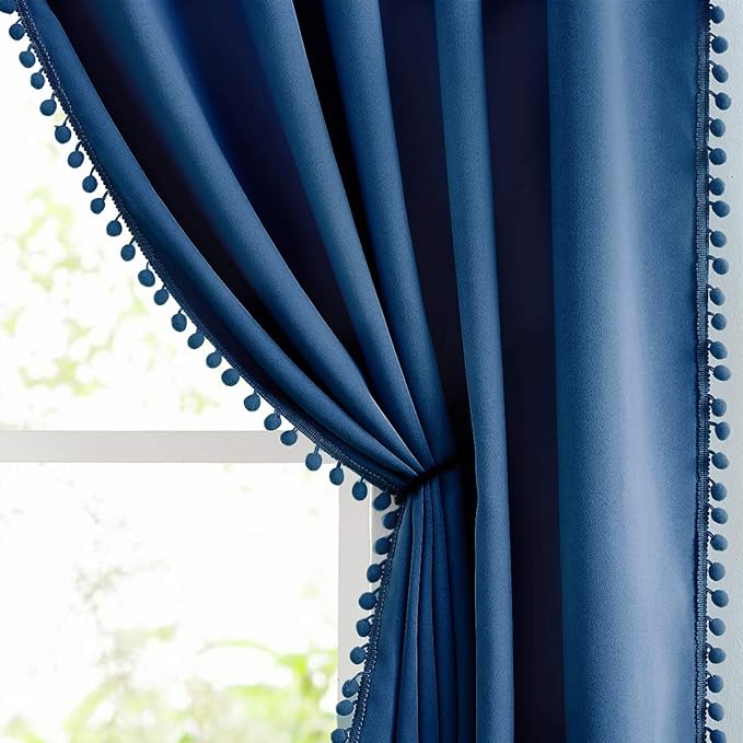 Navy Pompom Lace Colored Cotton Curtains