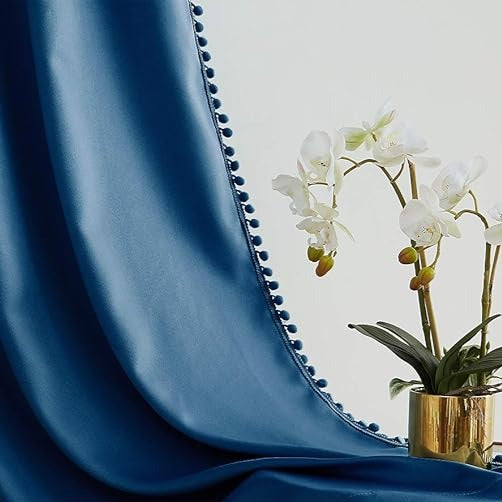 Navy Pompom Lace Colored Cotton Curtains