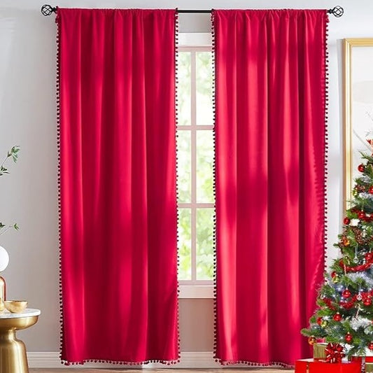 Red Pompom Lace Colored Cotton Curtains
