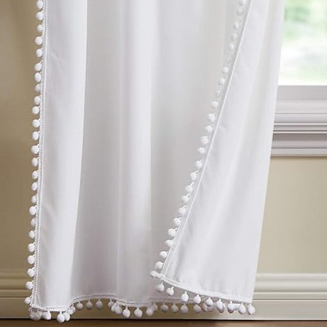 White Pompom Lace Colored Cotton Curtains