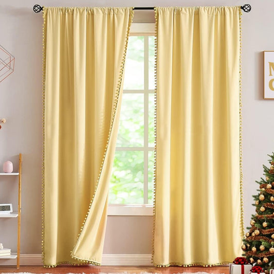 Yellow Pompom Lace Colored Cotton Curtains