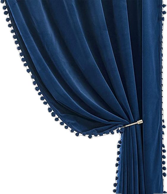 Navy Pompom Lace Colored Cotton Curtains