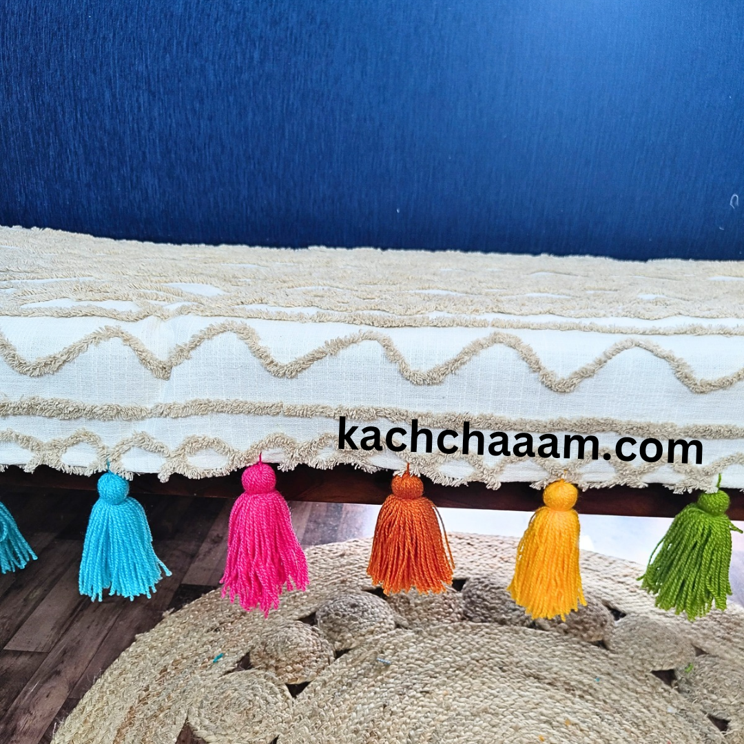 White Cotton Tufted Sofa Cover with Rainbow Tassels