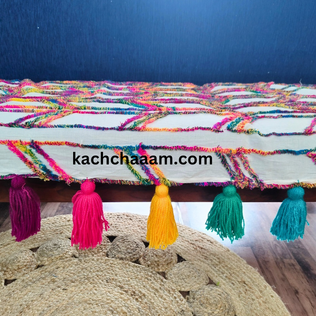 White Cotton Multi color Tufted Sofa Cover with Multi Tassel