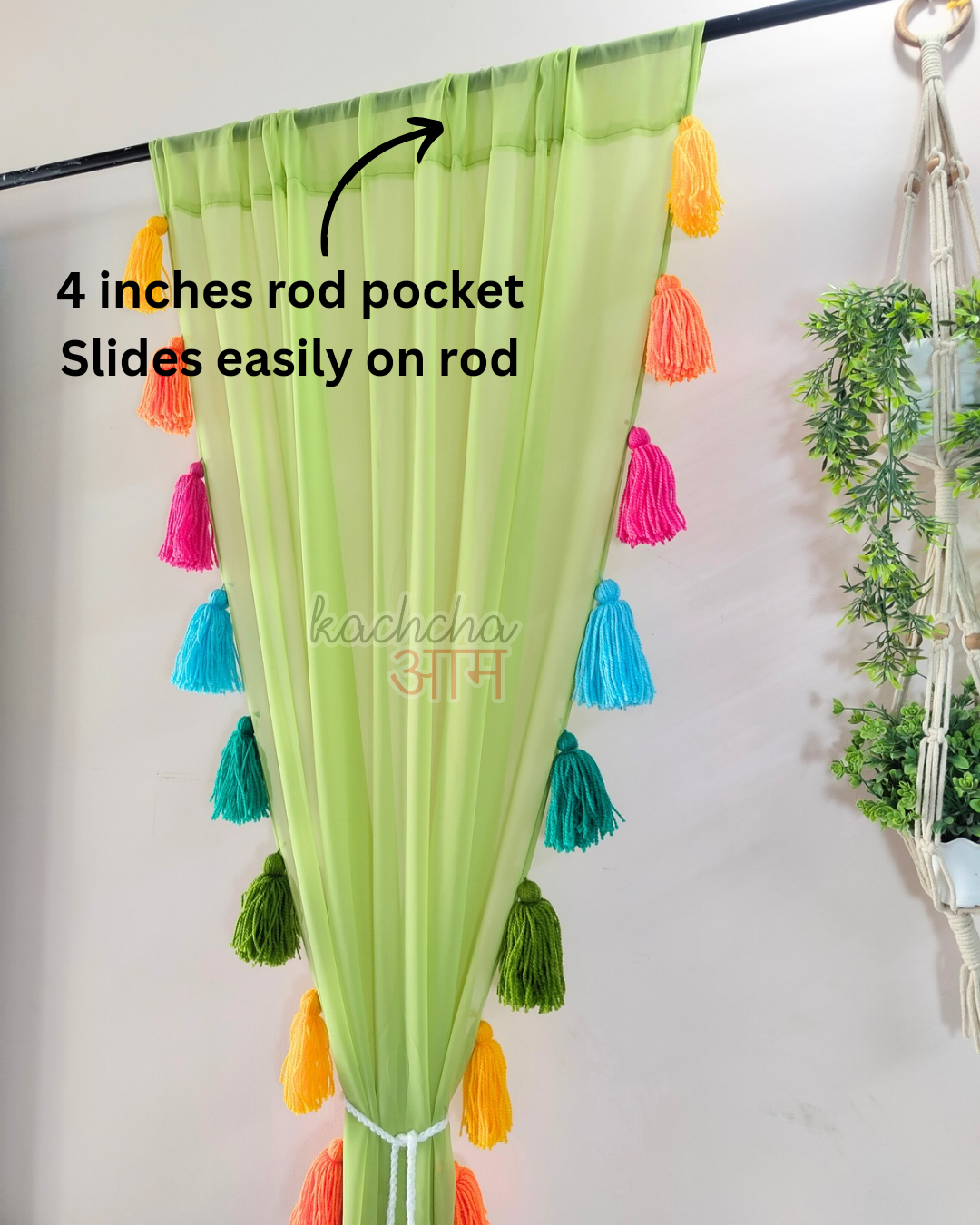 Rainbow Tassel Pista Green Curtains (Cotton/Sheer)