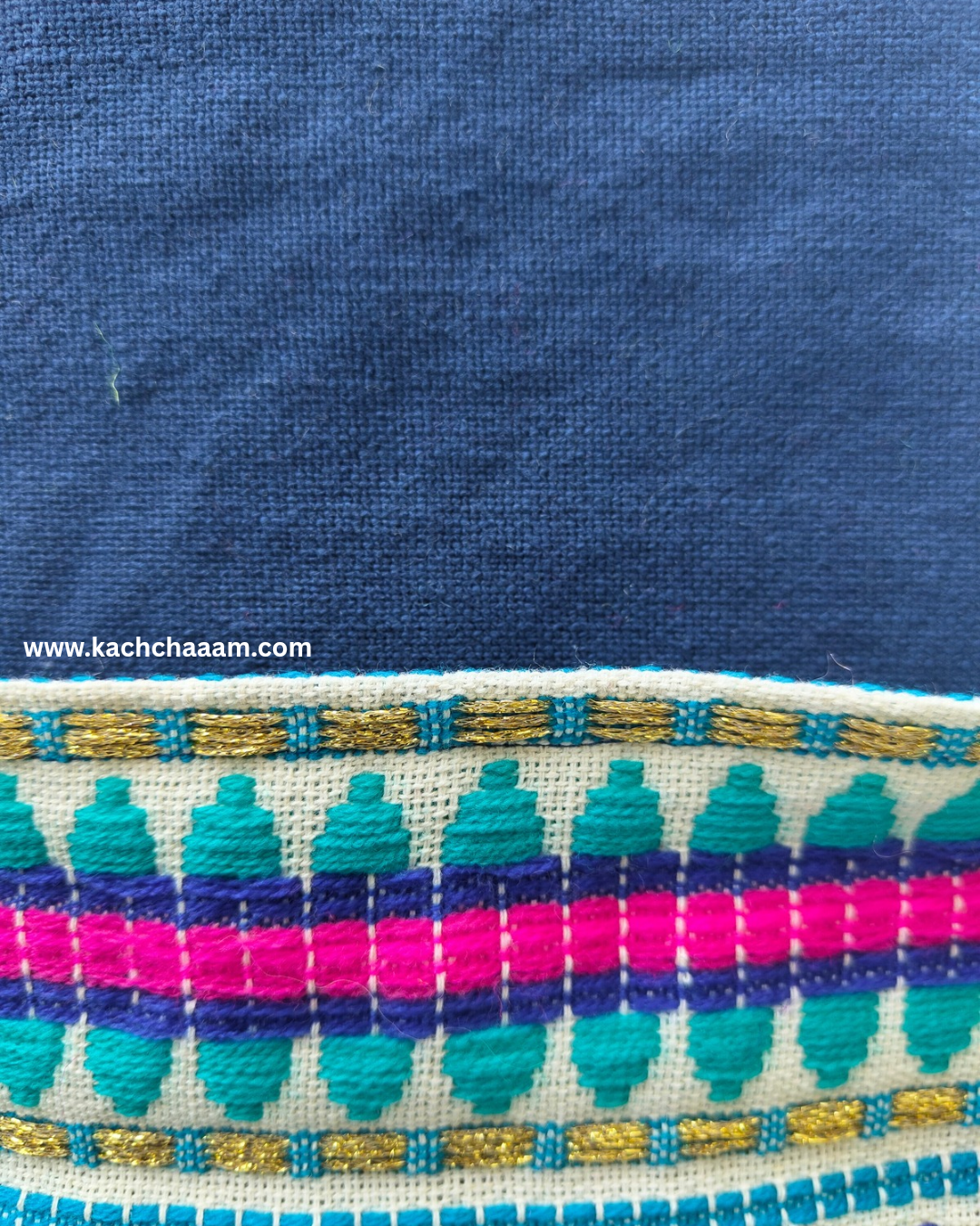 Navy Cotton Slub Solid Fridge Cover with Navy Jacquard Fabric Pockets & Multi Tassels