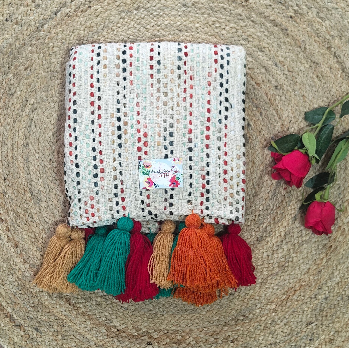Rustic Slub Cotton Sofa Cover with Multi Tassels