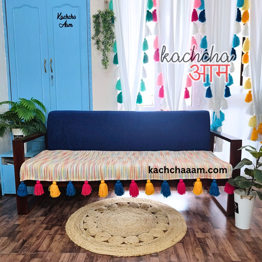 Multi color Slub Sofa Cover with Multi Color Tassels