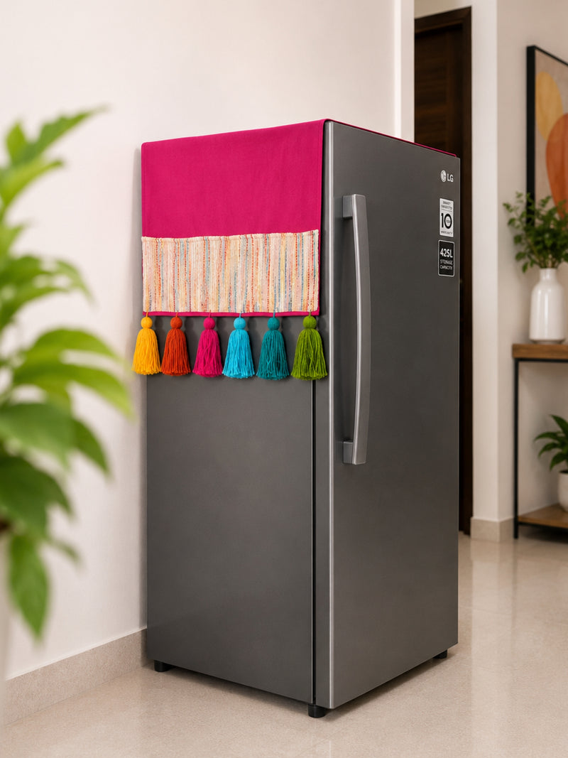 Magenta Pink Cotton Slub Solid Fridge Cover with Multicolored Jacquard Fabric Pockets and Rainbow Tassel