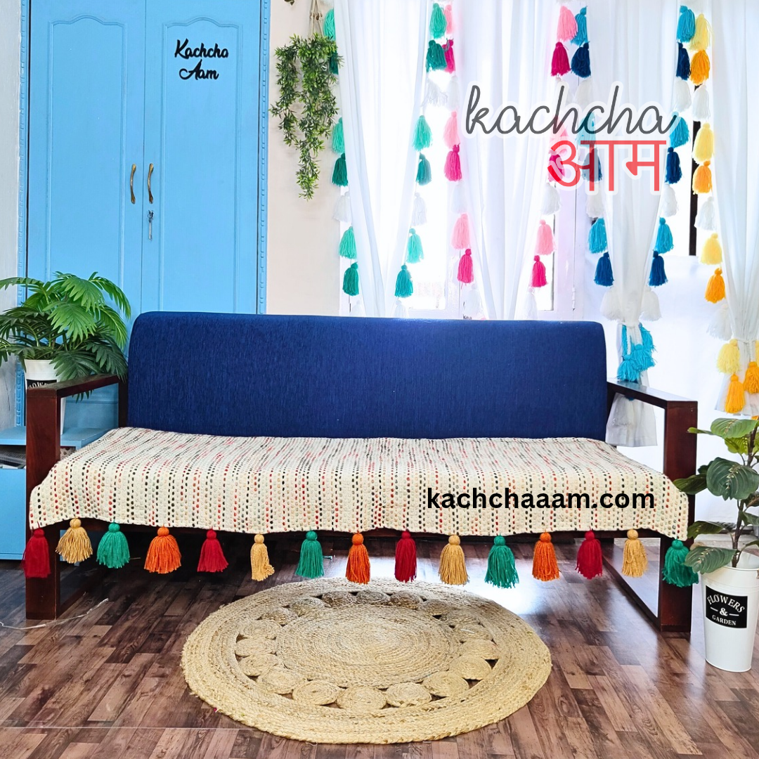 Rustic Slub Cotton Sofa Cover with Multi Tassels