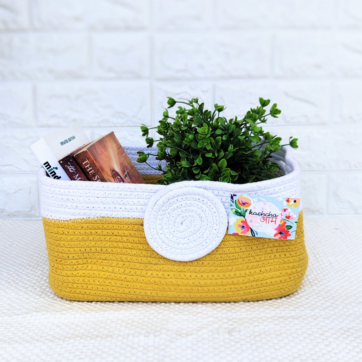 Yellow & White Rectangle Cotton Rope Organizer Basket