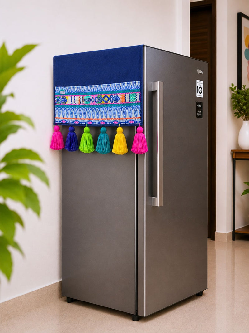 Navy Cotton Slub Solid Fridge Cover with Jacquard Fabric Pockets & Neon Tassels